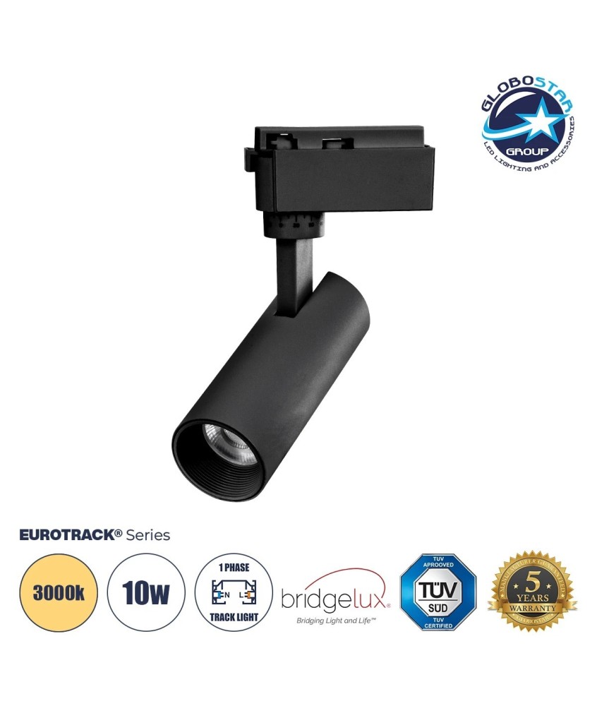 Globostar BEAMTRACK 60805 Μονοφασικό Φωτιστικό Σποτ Ράγας LED 10W 230V 1200lm 30° Acrylic HQ LENS AC 220-240V IP20 Φ4.6 x Υ12.5cm Θερμό Λευκό 3000k - EUROTRACK® System 1L+1N - Μαύρο - Bridgelux Chip - TUV Certified Driver - 5 Χρόνια Εγγύηση